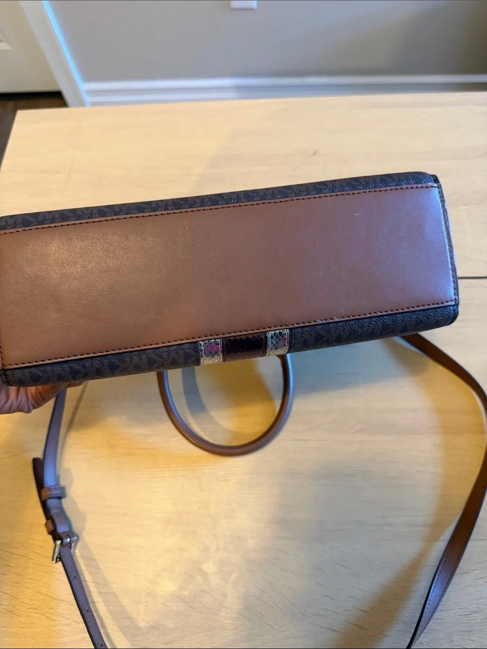 Michael Kors Brown Logo Satchel with Metallic Stripe Accents